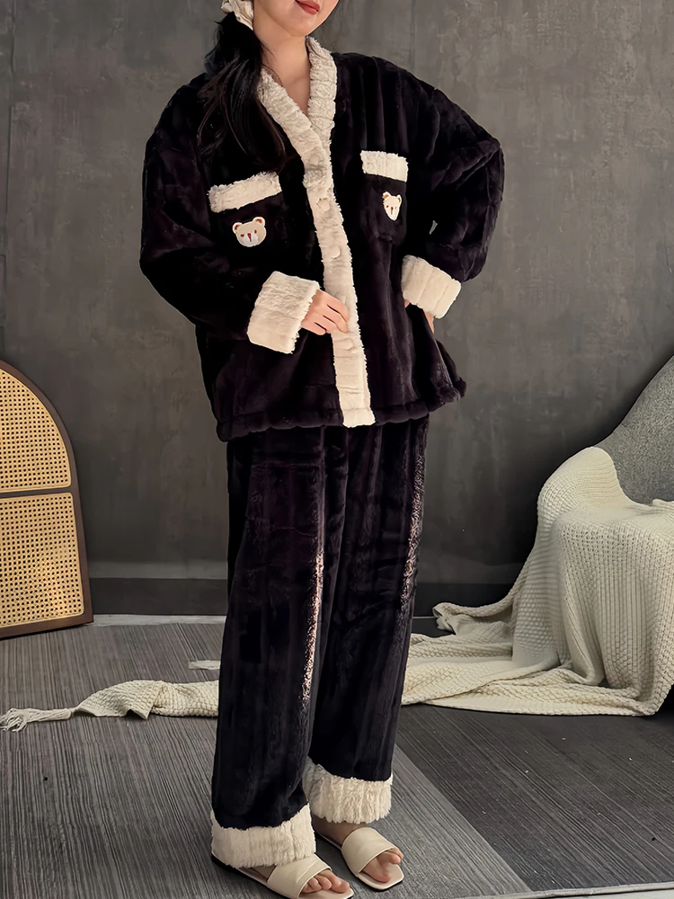 Japan fashion Pajamas Women Autumn and Winter Coral Fleece Thickened Warm Long sleeve Can Be Worn outside Kimono Flannel Home...