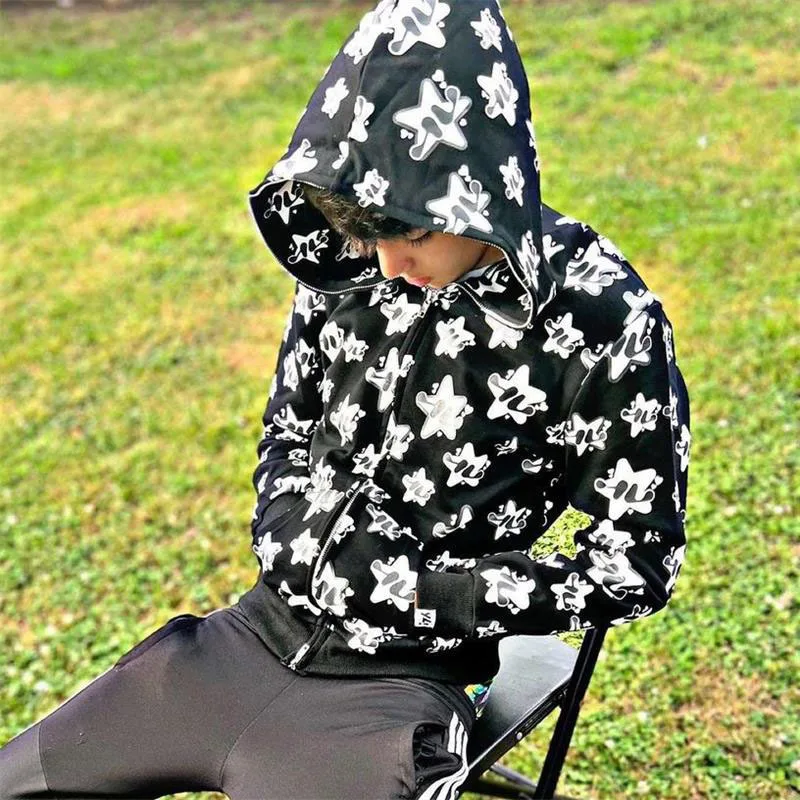 

Men Hoodies Sweatshirts Funny Star Printed Jacket Coat Plus Fleece Zip Cardigan Y2K Clothing Brand Hip Hop Streetwear
