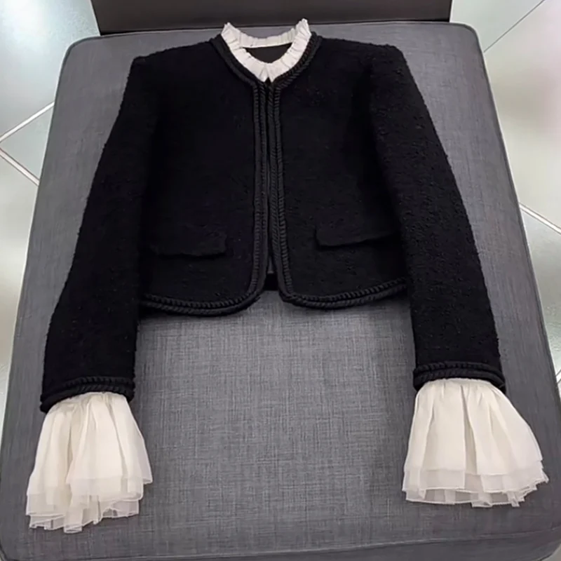 

Женская твидовая куртка с длинным рукавом, элегантное приталенное Короткое шерстяное пальто с кружевом, осень 2022