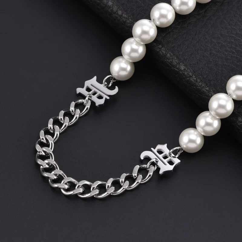 

Chaoku Nightclub Jump Di Hip Hop Pearl Mix and Match Titanium Steel Necklace Couple's Inn Simple Collar Chain