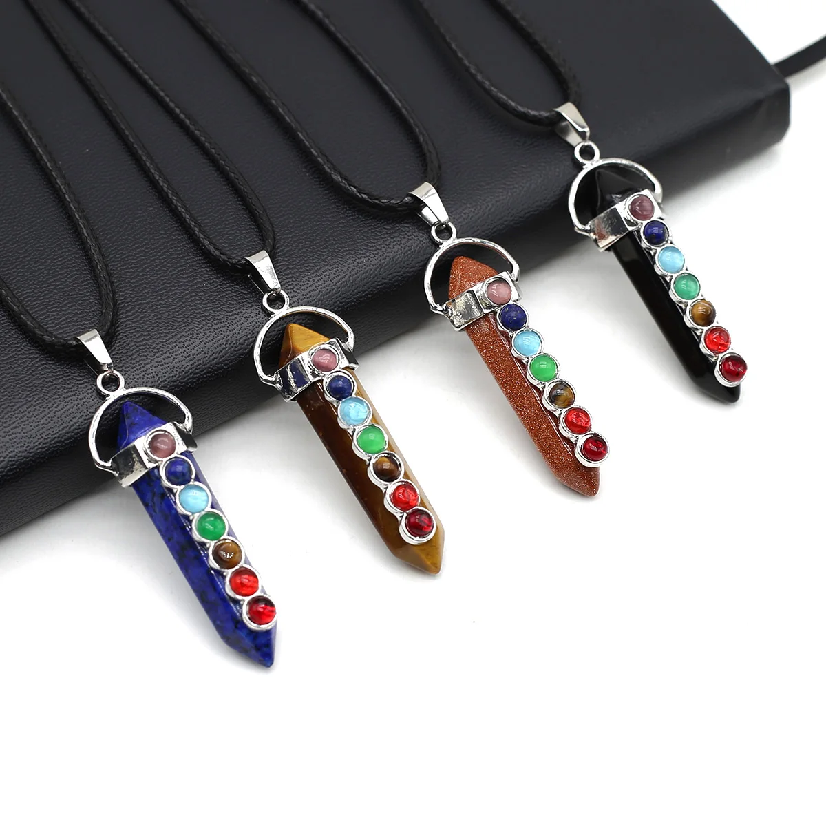 

Natural Stone Pendant Necklace Hexagonal Turquoises Amethysts Pendant For Women Nen Leather Rope Chain Jewelry Gift