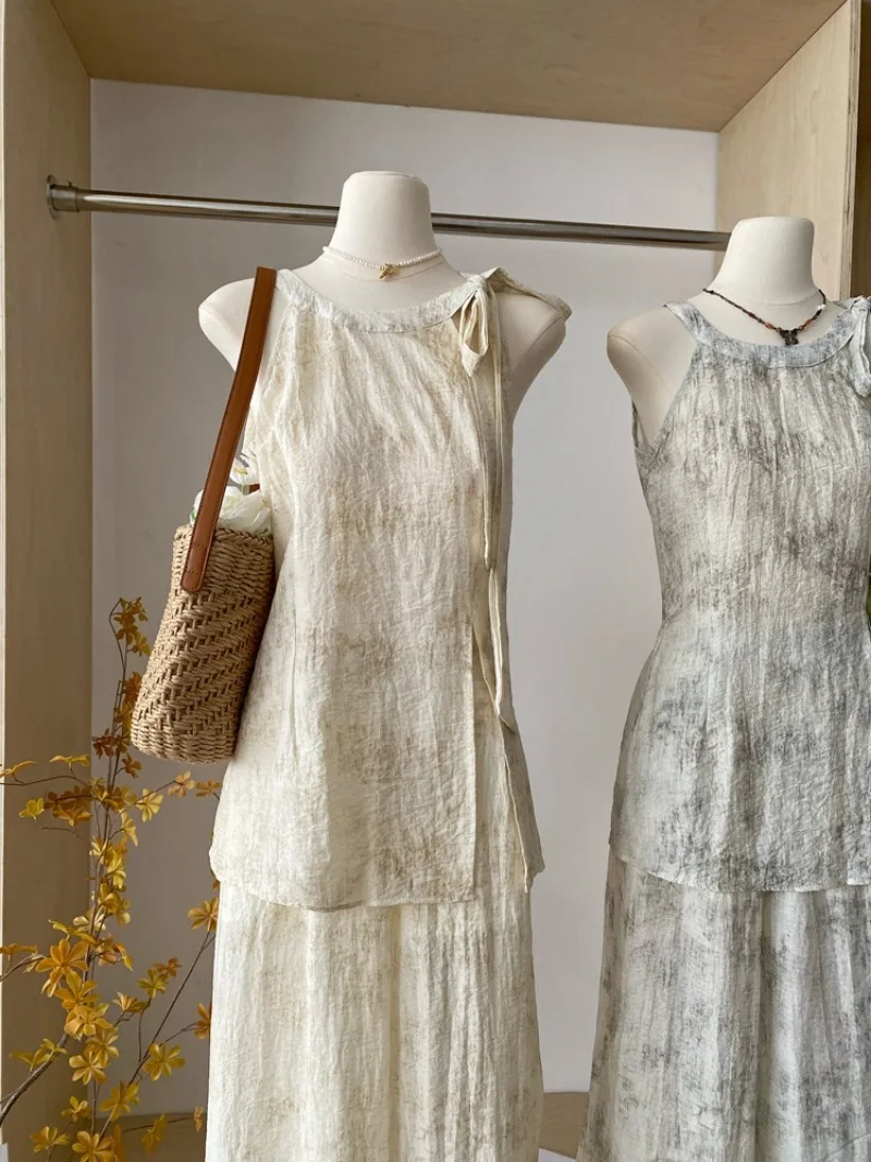 Новинка лета 2024 стильная маленькая рубашка Miiiix с завязкой на шее и широкие брюки