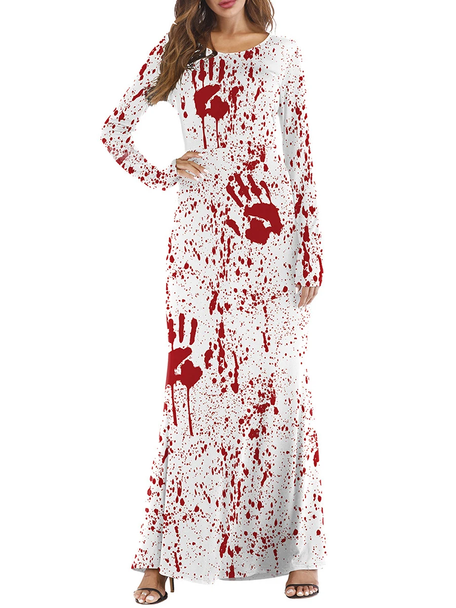 

Women Halloween Party Dress Long Sleeve Round Neck Print Slimming Casual Club Party Dress