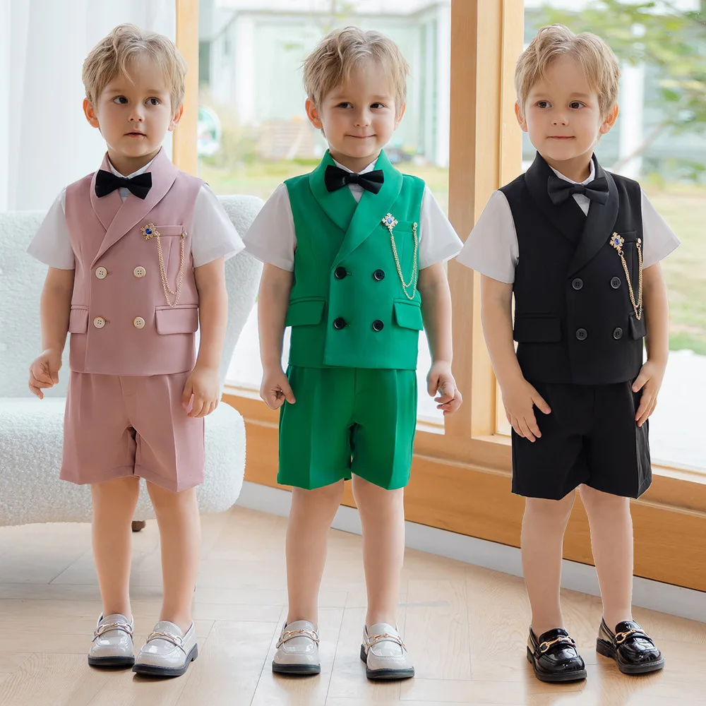 Children's Spring Summer Vest Shorts Suit Boy Performance Host Photography Wedding Dress Kids Waistcoat Pants Bowtie Clothes