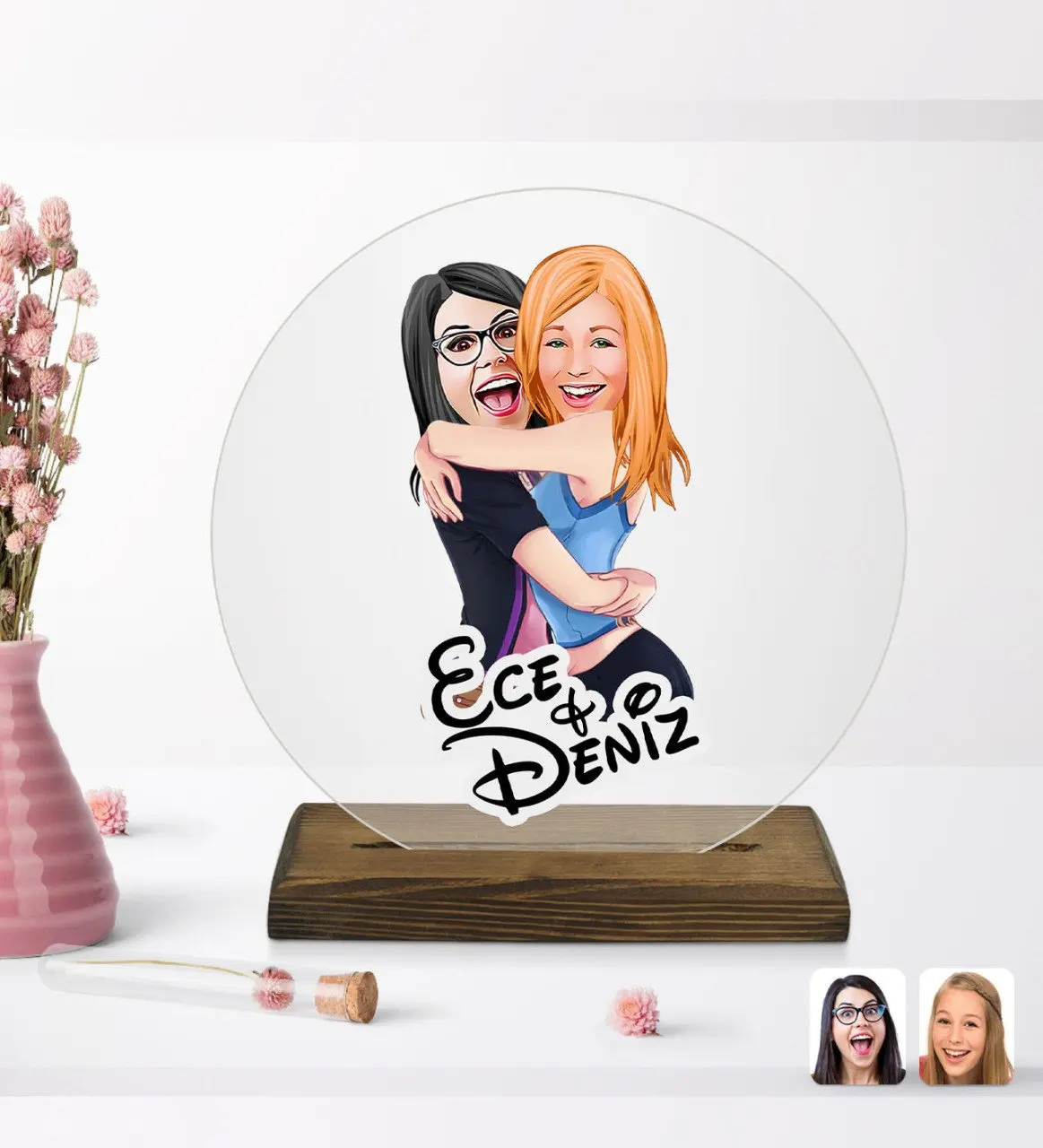 

Personalized sisters cartoon round wooden stand Biblo-10