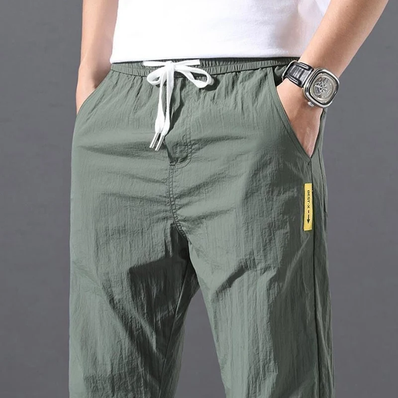 Summer Men Pants Sports Outdoor Casual Trousers Solid Color Elastic Waist Lightweight Comfortable Male Long Pants