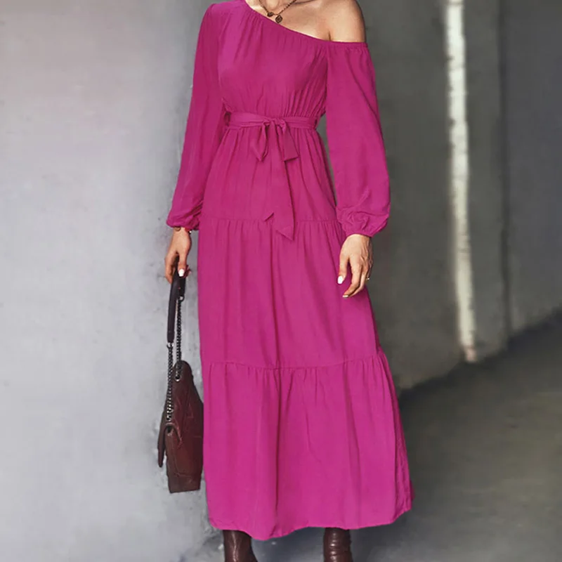 

2023 Retro Holiday Beach Long Dress Summer Fashion Diagonal Collar Pleated Maxi Dress Women Off Shoulder Tie-Up Sexy Party Dress