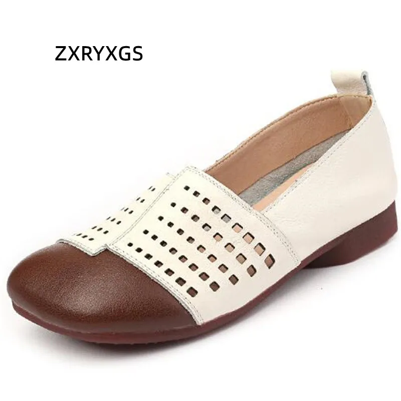 

2022 New Premium Soft Cowhide Mixed Colors Hollow Leather Shoes Sandals Flat Shoes Large Size Soft Sole Comfortable Tide Shoes