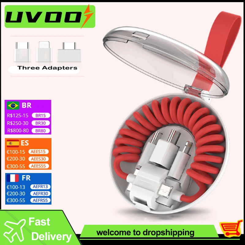 

3 in 1 Portable Spring Data Charging Cable With USB Type C Android Lighting Adapter Storage Box For iPhone Huawei Redmi Note 7