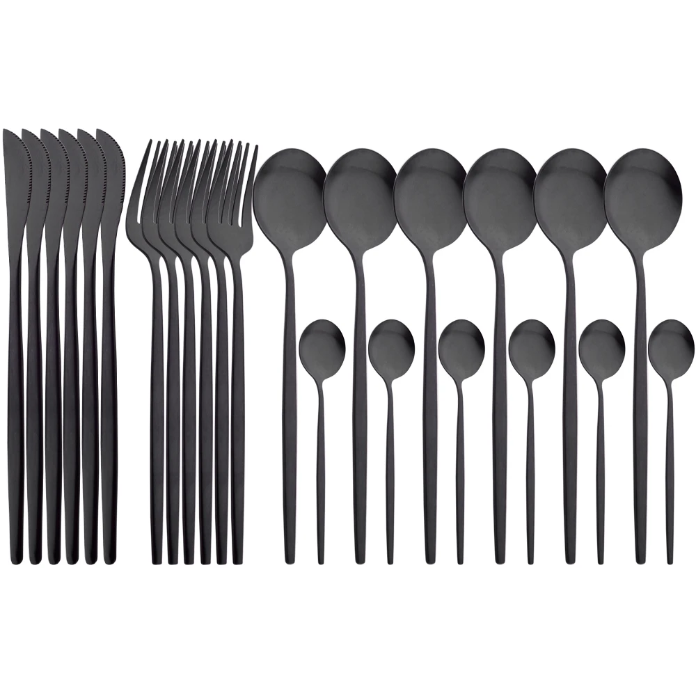 

Drmfiy 24Pcs Black Cutlery Set Knife Cake Tea Spoons Dinnerware Matte Flatware Stainless Steel Silverware Party Tableware Set