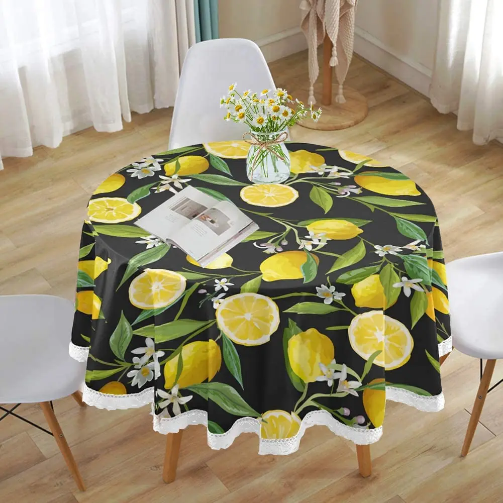 

Round Tablecloth 60 Inch Summer Table Covers Stain and Wrinkle Resistant Washable Lemon Table Cloth Home Decor for Buffet Party