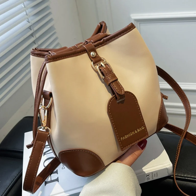 

New Vintage Women Bucket Shoulder Bags PU Leather Luxury Designer Ladies Crossbody messenger bags Casual big female Totes Beige