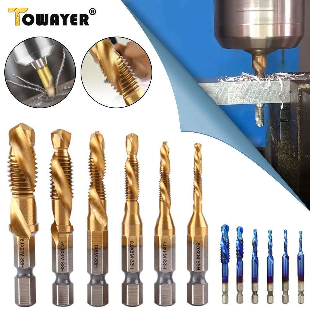 

6Pcs Tap Drill Bit Set Hex Shank Titanium Plated HSS Screw Thread Bit Screw Machine Compound Tap M3 M4 M5 M6 M8 M10 Hand Tools