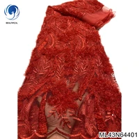 bright red french embroidered lace fabric 2022 new nigerian mesh furry lace fabrics 5 yards african sequins lace fabric ml43n644