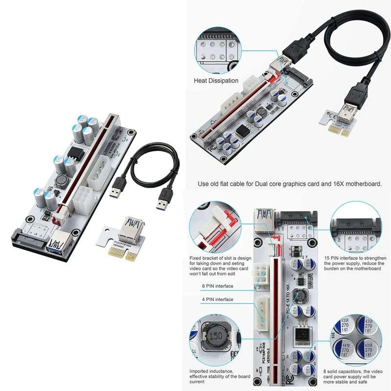 

VER010-X Mining Riser Card,PCI-E 1X to 16X Adapter Card,6PIN / 4PIN / SATA Interface, for Bitcoin, for ETH Mining