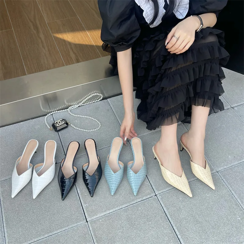 

Cover Toe Shoes Woman 2023 Slippers Heels Low Pantofle High Soft New Pointed Concise PU Rome Basic Slides Fabric Hoof Shoes Ladi