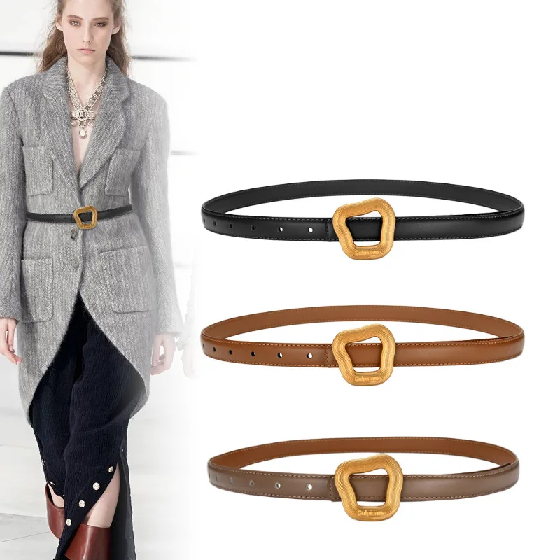 Ms fashion real cowhide belt pure color decoration small belt dress trench coat