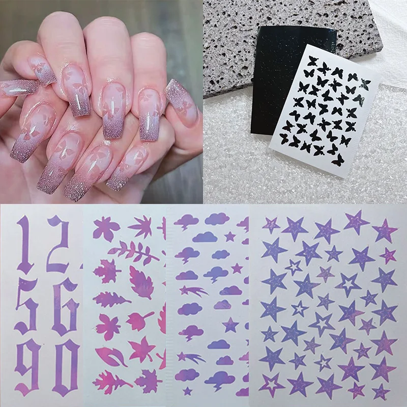 

New Airbrush Nail Art Stencils Spray Template Nail Stickers Butterfly Star Flame Flower Leaves Nail Decals Manicure Stencil Tool