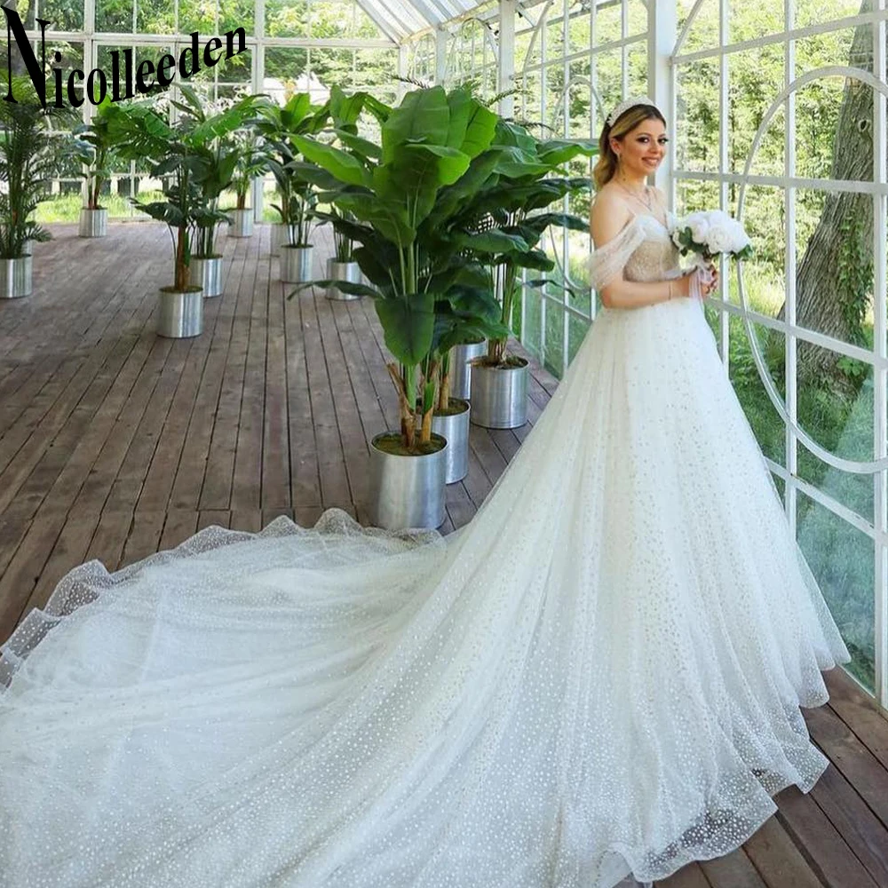 

Nicolle Princess Tulle Wedding Gown For Bride Glamorous Ball Gown V Neck Off The Shoulder Lacing Up Royal Train Bridal Dresses