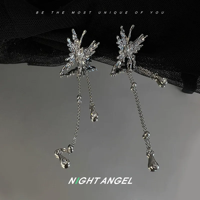 

Metal Wind Flash Diamond Liquid Butterfly Tassel Earrings Long Niche Design Cool Wind Two-wear High-end Earrings Female Trend