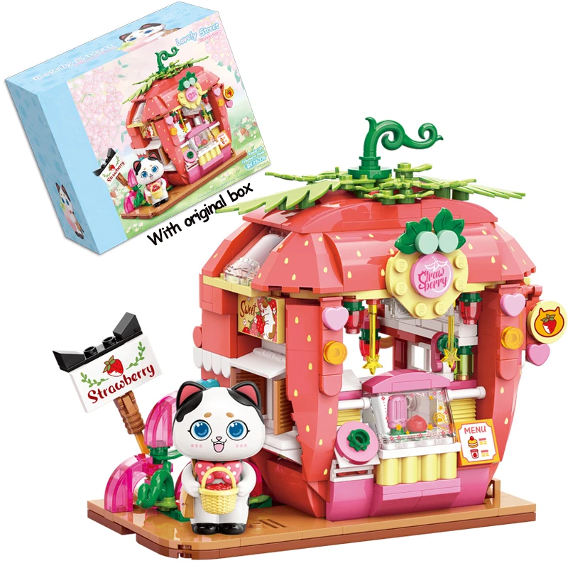 

QMAN Lovely Street Girls Sets Cat Strawberry House Model Building Block MOC Creative Mike Tea Store Bricks Boys Kids Toys Gifts
