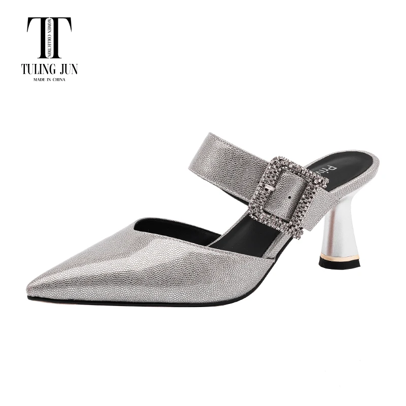 

Женские босоножки на тонком высоком каблуке TULING JUN 2023, однотонные летние женские босоножки с острым носком, металлическая искусственная кожа