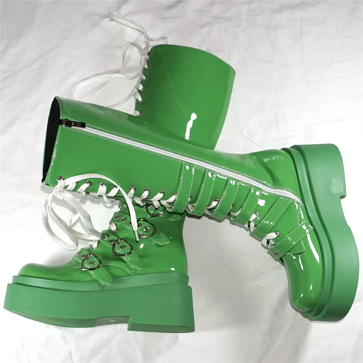 Platform Pumps Shoes Women Green Patent Leather Wedges High Heel Thigh High Boots Female Round Toe Fashion Sneakers Casual Shoes