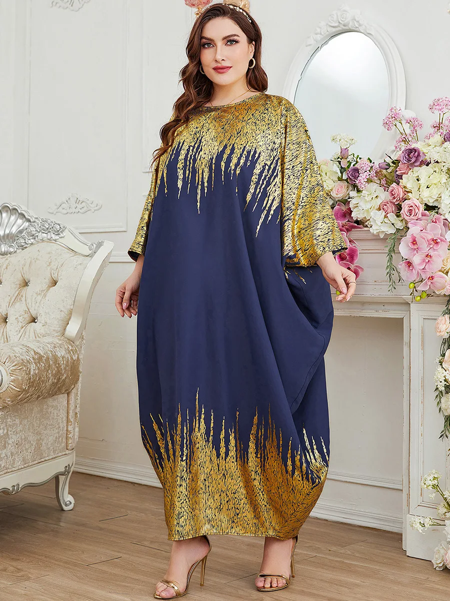 

2023 Spring New Long Dress East New Muslim Middle East Printed Contrast Stitching Bat Sleeves Loose Summer Long-sleeved Dress
