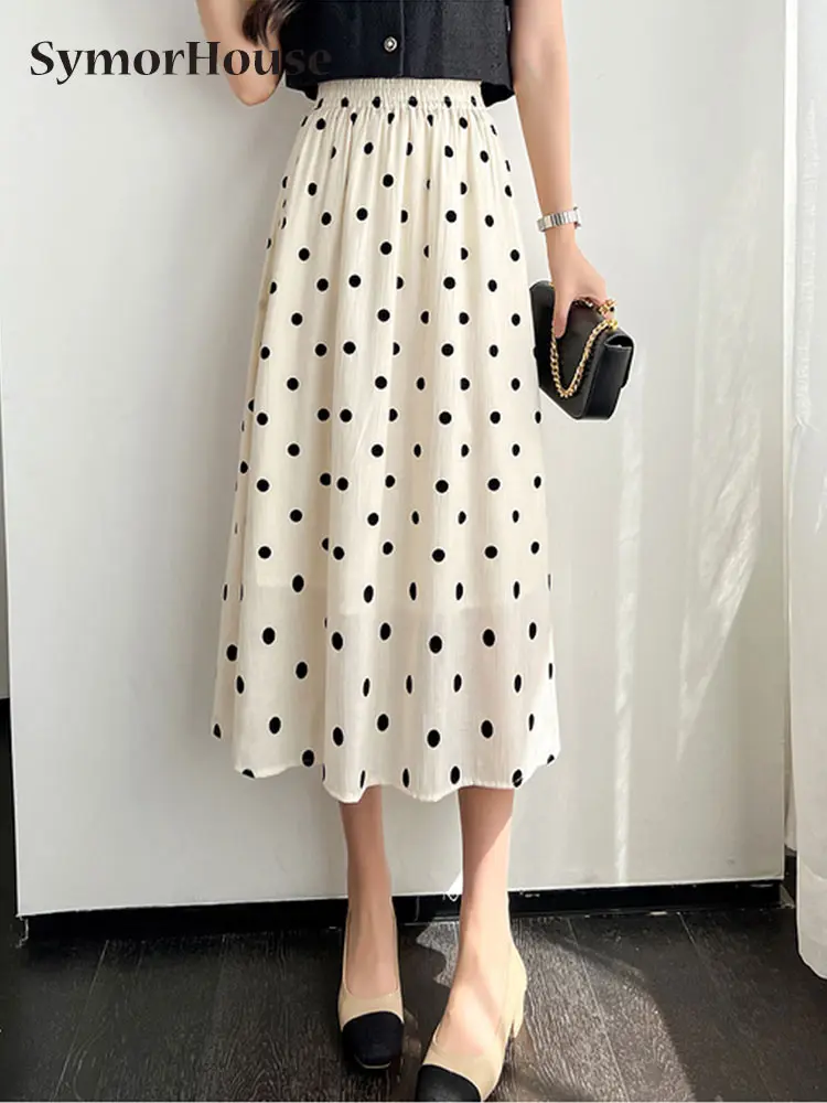 

Summer Polka Dot Printed Midi Long Skirt Women Vintage Elastic High Waist A-line Pleated Skirts Ladies Casual Clothing