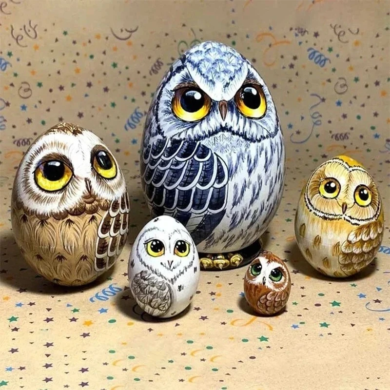 

5pcs/Set New Owl Nesting Eggs Handmade Nesting Doll Russian Owl Decor Wood Owl Statue Home Decor Easter Gifts for Friends Kids
