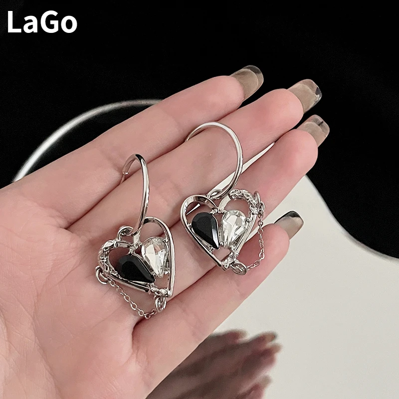 

Modern Jewelry 925 Silver Needle Heart Earrings 2022 Trend New Hot Sale Transparent Black Crystal Drop Earrings For Women Girl