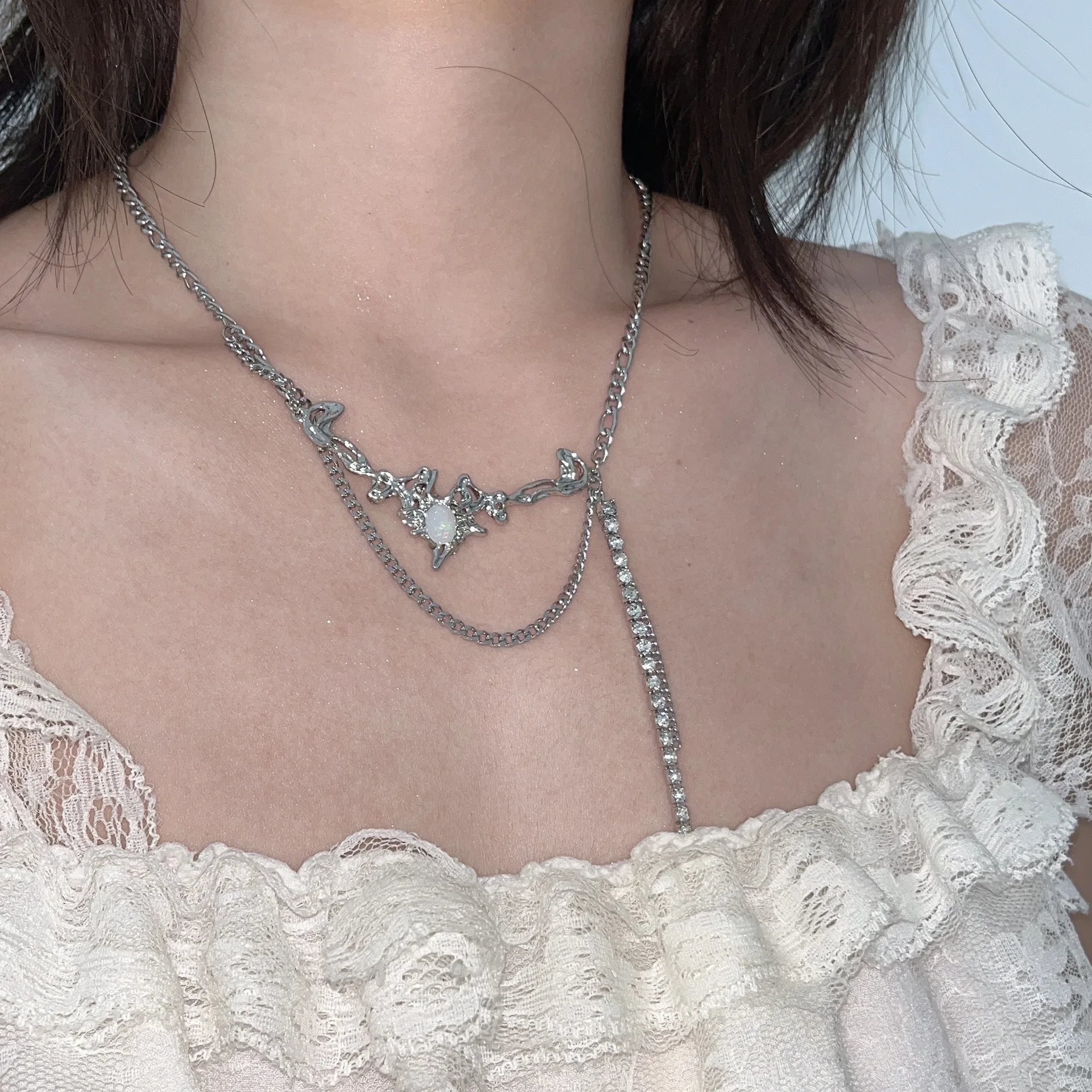 

Y2K Jewelry Tassel Rhinestone Stitching Chain Necklace For Moonstone Heart Fashion Vintage Punk Necklace Charm 90s Aesthetic