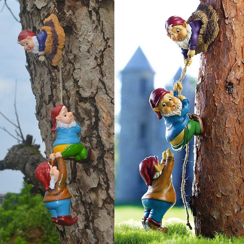 

Cartoon Dwarf Funny Elf Gnome Climbing Tree Sculpture Statues Resin Craft Figurine Ornament Outdoor Garden Hanging Decoration