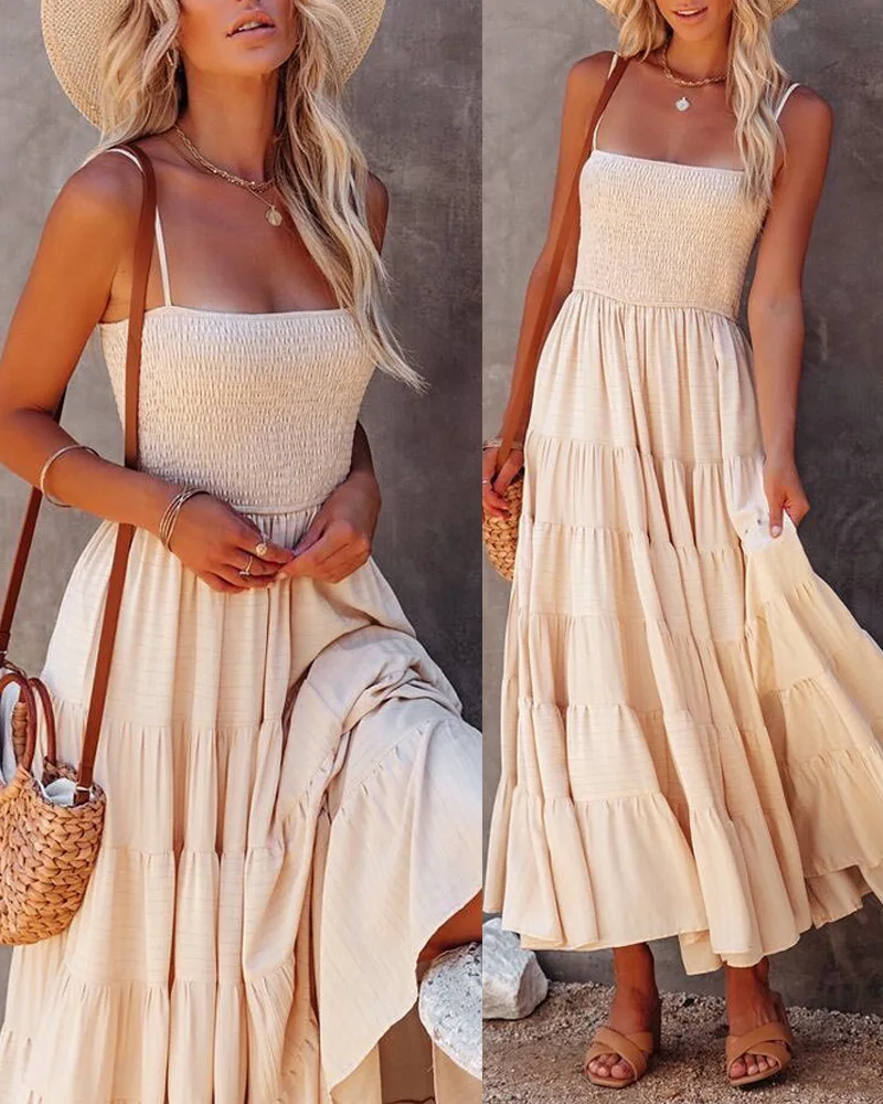 

Shirred Ruffle Hem Spaghetti Strap Maxi Dress Women Long Loose Evening Party High Waist Sleeveless Sexy Fashion Casual