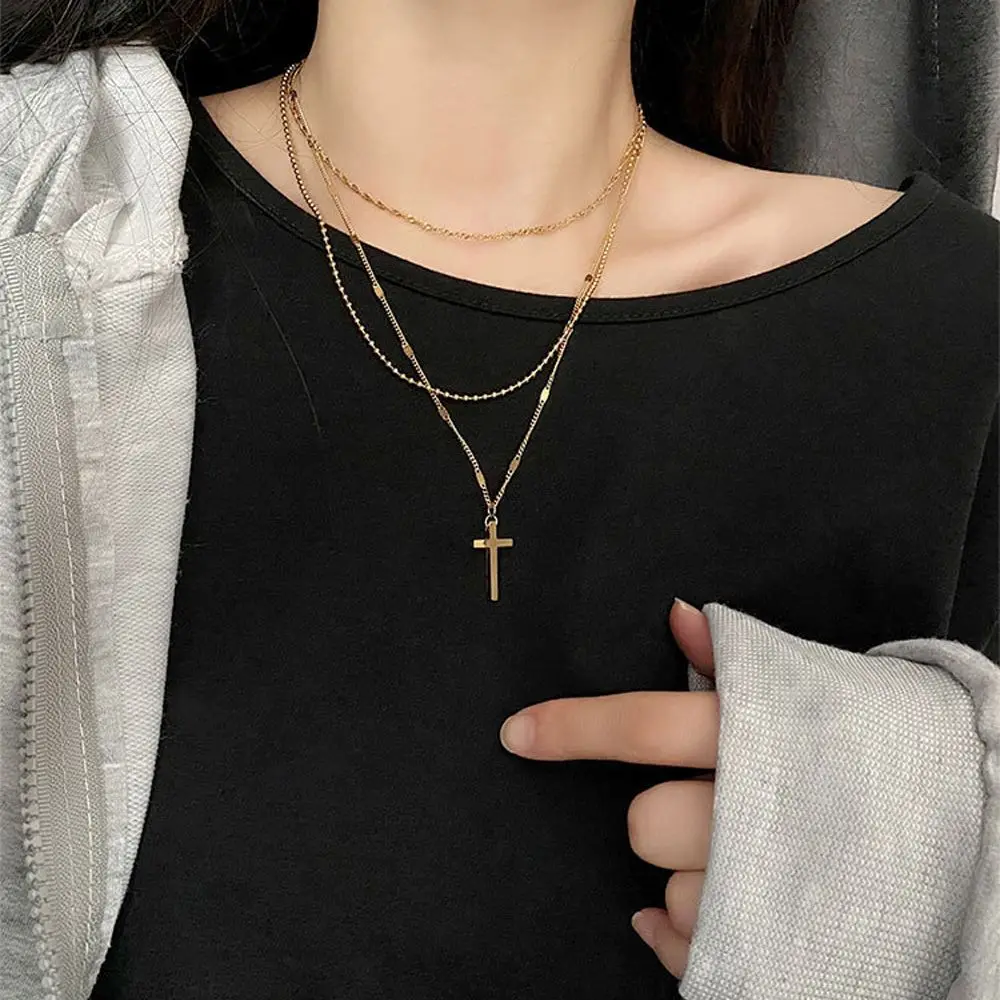 

1Pcs Korean Elegant Women Cross Pendant Necklace Vintage Men Chain Clavicle Choker Three Layer Beaded Necklace For Girls