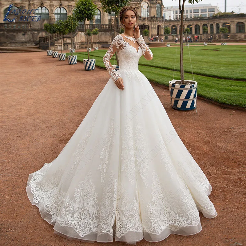 

LAYOUT NICEB Long Sleeves Wedding Dress Ball Women Exquisite Lace Appliques Bridal Gown Illusion Tulle A-Line Vestidos De Novia