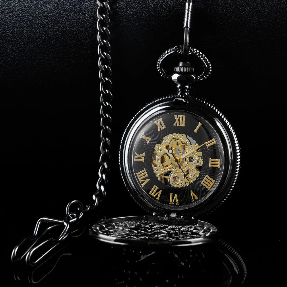All Black Hunter Retro Mechanical Pocket Watch Collection Hand Wind Casual Fashion Men Women Fob Chain Watches