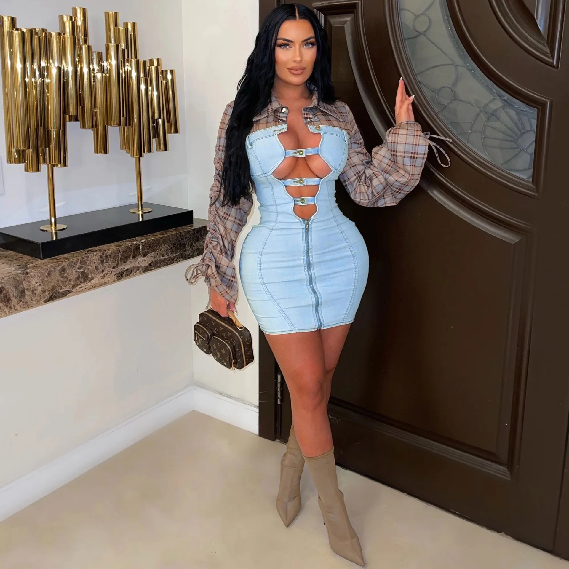 Cargo Denim Jean Dress Y2K Streetwear Elegant Luxury Mini Sexy Dresses Women Winter Fashion Patchwork Plaid Tops