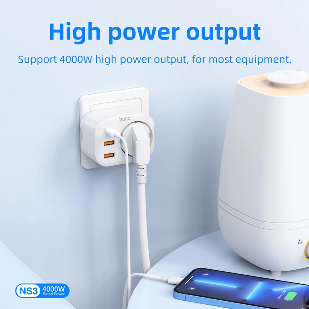 HOCO Type C Charger Quick Charge For iPhone 14 13 12 Pro Max Samsung Xiaomi EU Power Adapter 2000W Multi Socket with 2USB Ports
