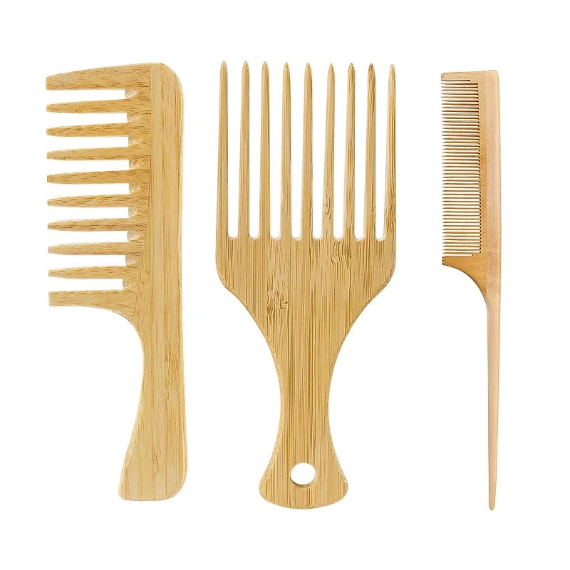 

1Pcs Natural Bamboo Wooden Hair Comb Anti-Static Afro Fork Combs For Women Round Wide Tooth Wood Comb Hair Brush women