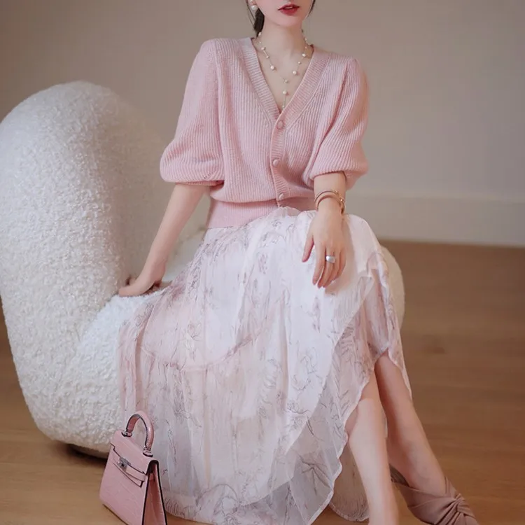 

New Fashion Spring Two Piece Set Women Temperament Sweet Pink Sweater Cardigan Top & Chiffon Midi Skirt Suits Casual Suit