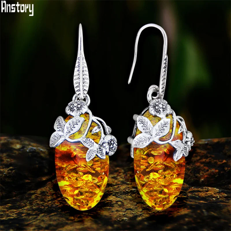 

Vintage Eye Shape Simulated Ambers Flower Earrings For Women Antique Silver Plated Leaf Plant Fashion Earring