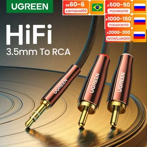 Кабель RCA UGREEN, 2RCA-3,5 мм, Hi-Fi, нейлоновая оплетка, аудиокабель RCA-AUX для диджейского контроллера, динамик вертушка, ТВ, автомобильной стереосистемы