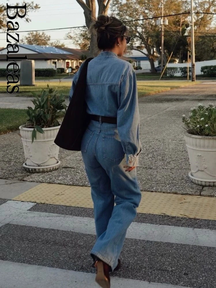 2024 женские официальные элегантные синие джинсовые рубашки Traf тонкие бандажные