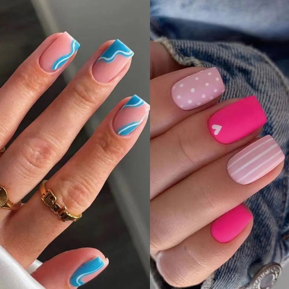 

24pcs False Nails Full Cover Blue White Wavey Pink White Spots Ballerina Fake Nails Square Short