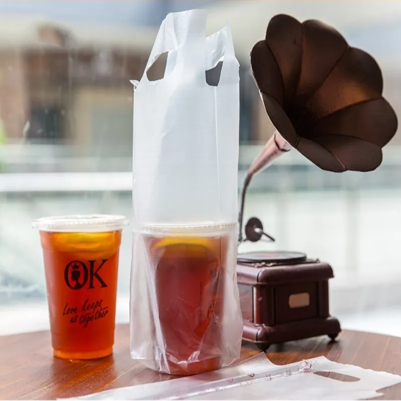 Clear Juice Handle Bags Coffee Tote Bag White Transparent Packaging Pocket Single Double Cup Plastic Bags Cokes Tea Drink Pouch
