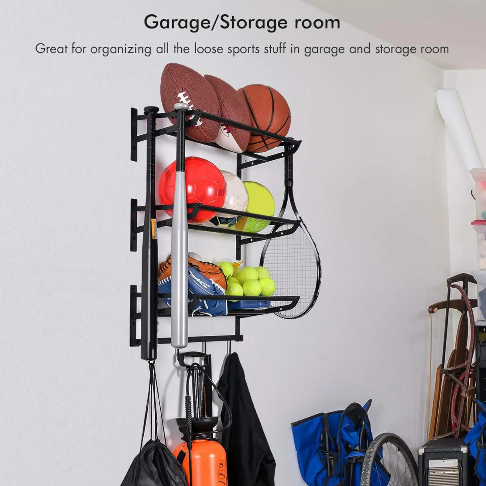 

Sports Rack Organizer Wall Mount Sports Gear Storage Hanger Basketball Rack for Tennis Rackets Baseball Bats Sneakers Garage Gym