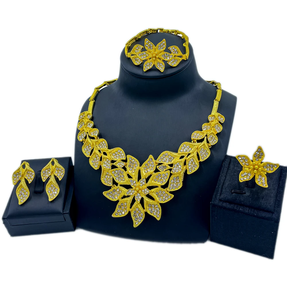

Dubai Big Necklace Flower Bracelet Charm Women Birthday Party Gift Crystal Earrings Engagement Ring Fashion Jewelry Sets