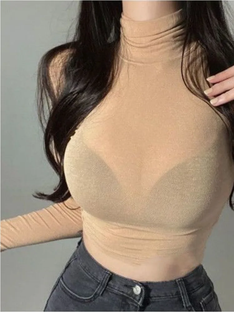 Женская тонкая прозрачная Водолазка с длинным рукавом облегающая короткая