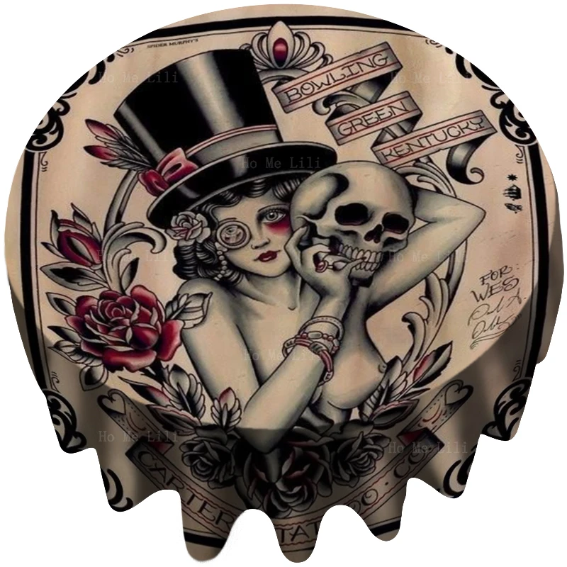 

Круглая скатерть Voodoo с верхней шляпой и черепом в стиле ретро с татуировкой для старой школы от Ho Me Lili, настольное украшение